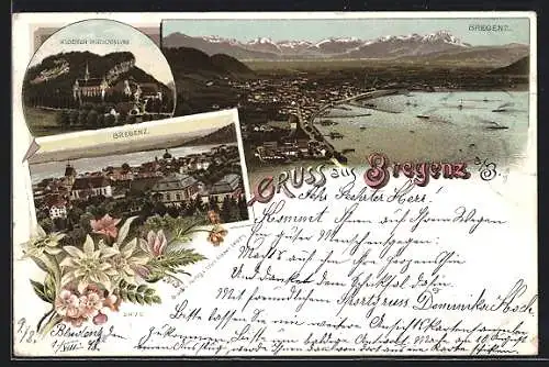 Lithographie Bregenz a. B., Kloster Riedenberg, verschiedene Panoramaansichten