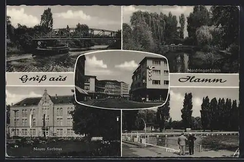 AK Hamm / W., Kanal, Nordringanlagen, Freibad und Kurhaus