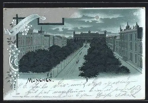 Mondschein-Lithographie München, Maximilianstrasse mit Strassenbahn