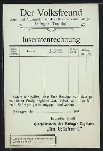 AK Balingen, Der Volksfreund, Amts- und Anzeigeblatt, Inseratenrechnung