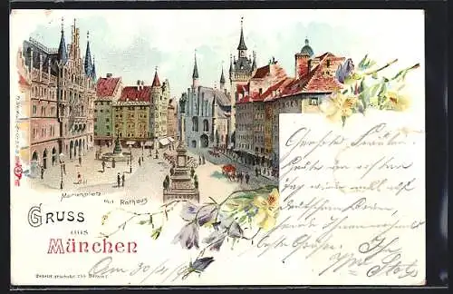 Lithographie München, Marienplatz mit Rathhaus, Denkmal, Brunnen