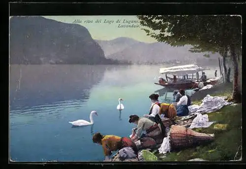 AK Alla riva del Lago di Lugano, Lavandaie, Waschfrauen