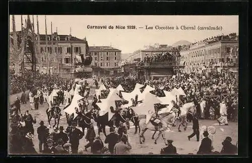 AK Nice, Carneval 1928, Les Cocottes à Cheval cavalcade, Faschingsumzug