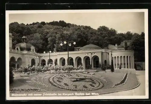 AK Baden bei Wien, Blumenuhr mit neuer Trinkhalle im Kurpark