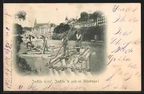 AK Tübingen, Flösser beim Holztransport vor Stadtpanorama