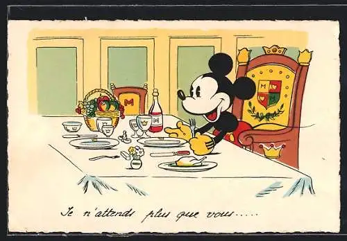 AK Micky Mouse erwartet sein Essen am Tisch, Comic