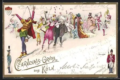 Lithographie Köln, verkleidete, feiernde Menschen zum Karneval