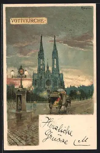 Lithographie Wien, Votivkirche und Kutsche