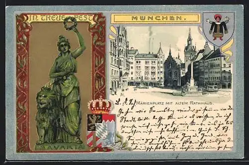 Passepartout-Lithographie München, Marienplatz mit altem Rathhaus, Wappen