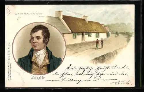 Lithographie Schottischer Dichter Robert Burns mit Wohnhaus