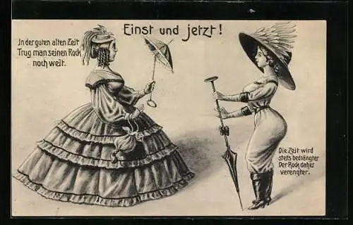 AK Einst und Jetzt!, Zwei Damen mit Hut und Schirm, Mode