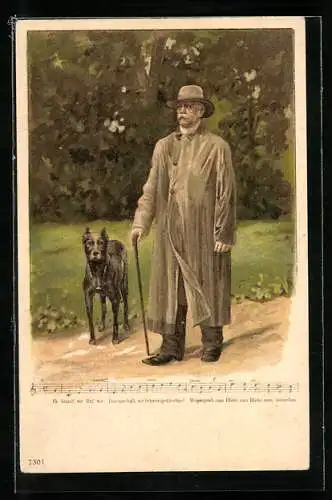 Lithographie Fürst Otto von Bismarck mit einem Hund im Park