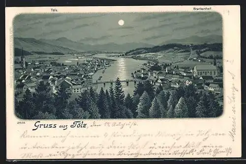 Lithographie Tölz, Teilansicht mit Krankenheil bei Mondschein