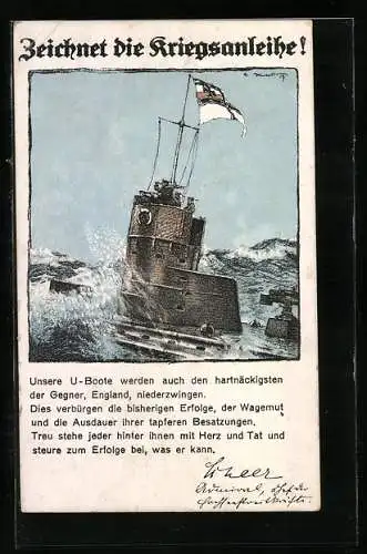 Künstler-AK Zeichnet die Kriegsanleihe!, U-Boot auf See