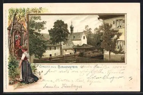 Passepartout-Lithographie Birkenstein, Ortspartie mit Kirche, Betende am Bildstock