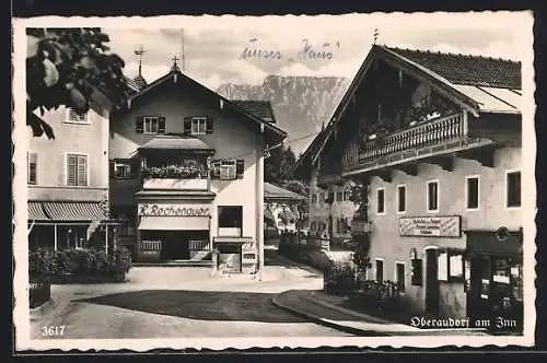 AK Oberaudorf am Inn, Strassenpartie mit Geschäft von R. Rechenauer