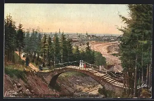 AK Mühlhausen /Thür., Stadtpark mit Fusswegbrücke und Stadtansicht