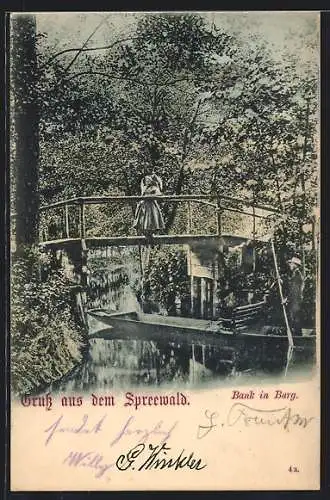 AK Burg /Spreewald, Bank und Brücke mit Frau in Tracht