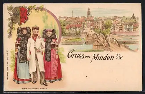 AK Minden / Westf., Ortsansicht mit Brücke, Mann und Frauen in Tracht, Ortswappen