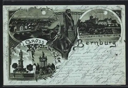 Mondschein-Lithographie Bernburg, Das Schloss, das Wolfgangdenkmal, das Kriegerdenkmal, Bären im Zoo