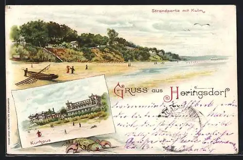 Lithographie Heringsdorf / Seebad, Strandpartie mit Kulm und Kurhaus