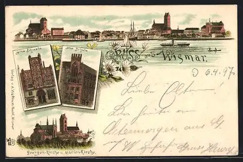 Lithographie Wismar, Alter Schwede, Alte Schule, Georgen-Kirche und Marien-Kirche