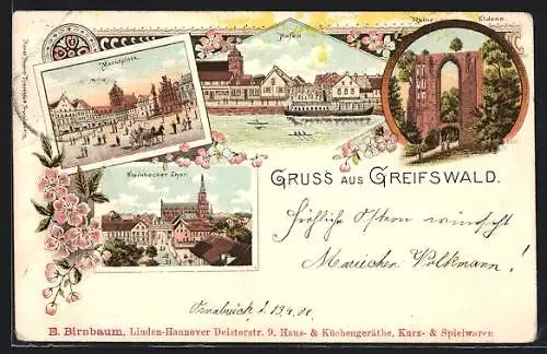 Lithographie Greifswald, Marktplatz, Hafen, Steinbecker Thor