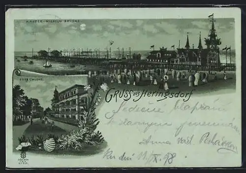 Mondschein-Lithographie Heringsdorf / Seebad, Kaiser-Wilhelm-Brücke mit Strand, Hotel Seeschloss mit Promenade