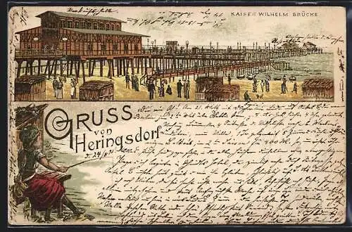 Lithographie Heringsdorf / Seebad, Kaiser-Wilhelm-Brücke mit Gebäude und Strand, Kleine Anglerin