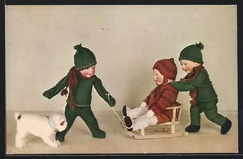 AK Käthe Kruse-Puppen spielen mit Schlitten, Hund