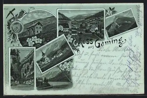 Mondschein-Lithographie Gaming /N.-Oe., Ötscher Schutzhaus, Thotmäuer, Lanzersee, Ortsansicht