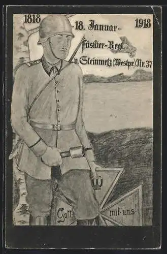 Künstler-AK Füsilier-Regiment v. Steinmetz Nr. 37, Soldat in Uniform mit Stahlhelm