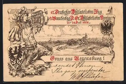 Lithographie Regensburg, 17. Deutscher Philatelisten Tag 1905, Trompeter, Ganzsache Bayern