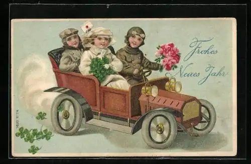 AK Kinder mit Blumen, Kleeblättern und eine Brief in einem Auto