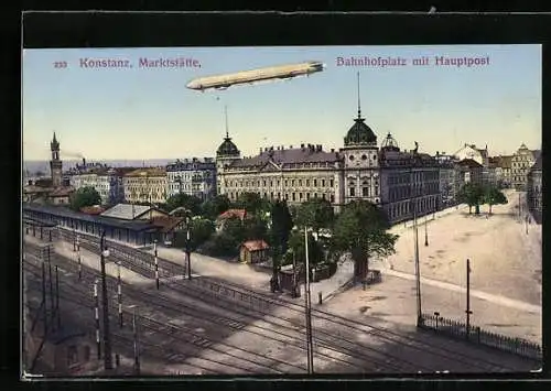 AK Konstanz, Marktstätte m. Bahnhofplatz, Hauptpost und Zeppelin