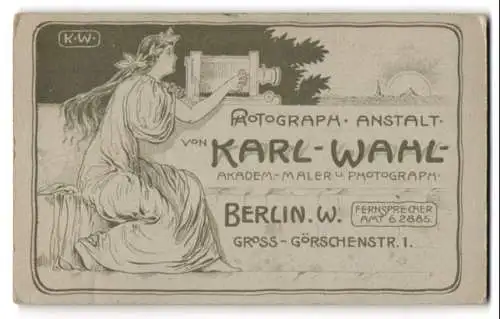 Fotografie Karl Wahl, Berlin, Gross Görschenstr. 1, Jugendstil - Fotografin mit Plattenkamera / Fotoapparat