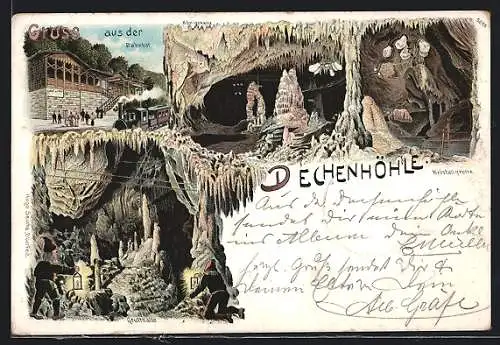 Lithographie Iserlohn, Kristallgrotte in der Dechenhöhle, Bahnhofsstation, Grufthalle