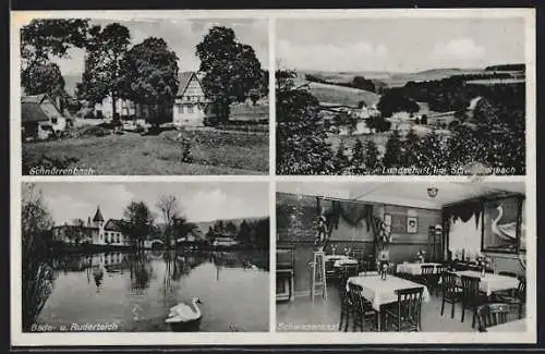 AK Kierspe, Sommerfrische Schnörrenbach mit Innenansicht, Bade- und Ruderteich, Blick in die Landschaft