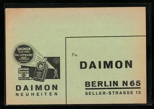 AK Berlin, Reklame für Daimon Lampe, neues Lichtwunder, Seller-Strasse 13