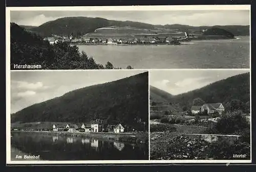 AK Herzhausen / Edersee, Panorama am Bahnhof, Ittertal