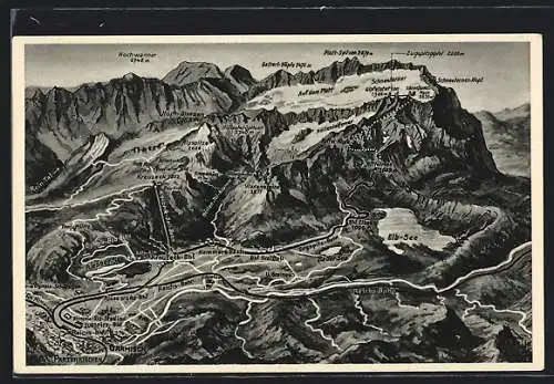 Künstler-AK Hammersbach / Garmisch, Panorama mit Hotel Badersee, Kreuzeck-Bahnhof und Elbsee, Hochwanner, Hochblassen