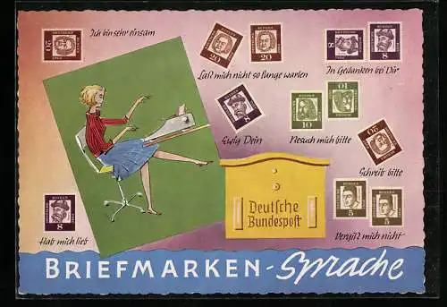 AK Erklärung der Briefmarkensprache, Junge Frau an der Schreibmaschine