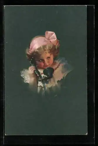 AK Mädchen mit rosa Schleife am Telefon