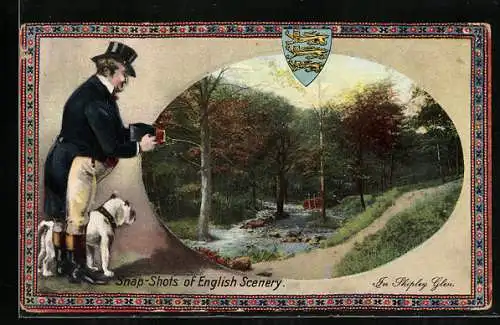 Präge-AK Fotograf mit Hund, Englische Landschaft, Wappen