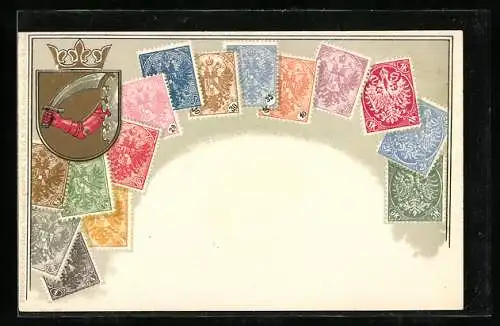 AK Briefmarken und Wappen, Krone, Ritter mit Schwert