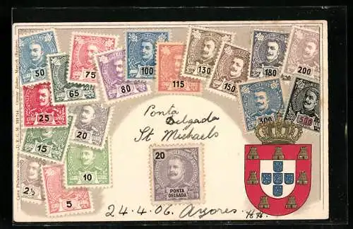 Präge-AK Portugal, Briefmarken und Wappen