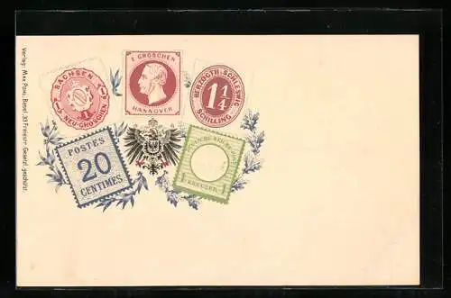 AK Deutsche Briefmarken 1 Groschen, 20 Centimes, 1 Kreuzer, 1 1 /4 Schilling