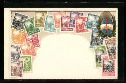Präge-AK Argentinien, Briefmarken und Wappen im Lorbeerkranz