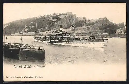 AK Coblenz, Festung Ehrenbreitstein mit Flusspartie und Dampfer