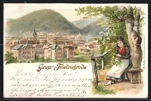 Lithographie Friedrichroda, Panorama mit Mädchen welches einen Blumenkranz macht